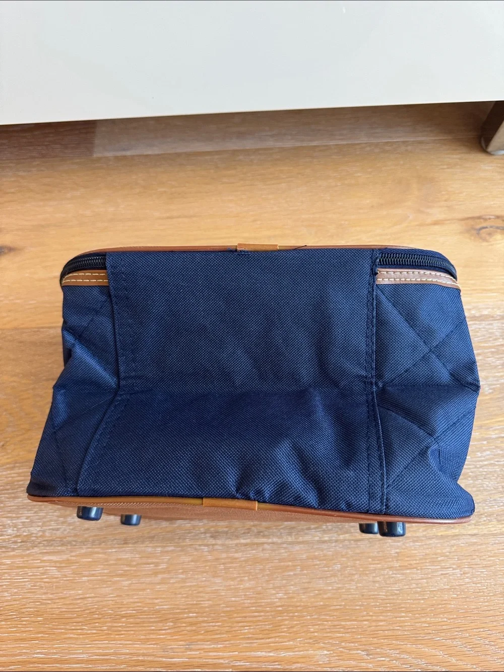 Aude Falbert Navy Quilted Cosmetic Case with Tan Trim and Gold Accents